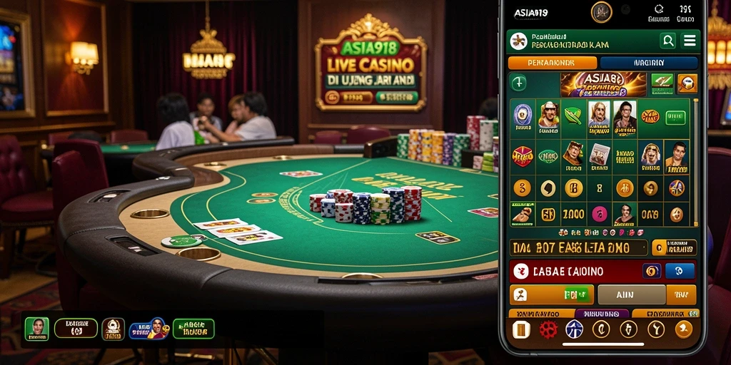 Screenshot gameplay ASIA918 menampilkan dealer langsung dan suasana kasino yang menarik.