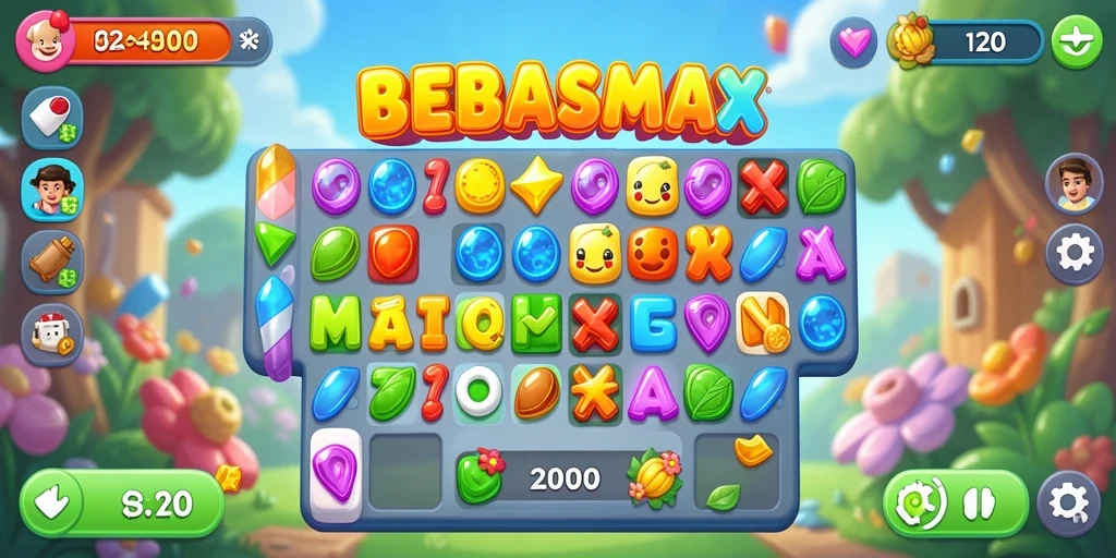 Tangkapan layar permainan BEBASMAX menampilkan level Match-3 yang penuh warna.