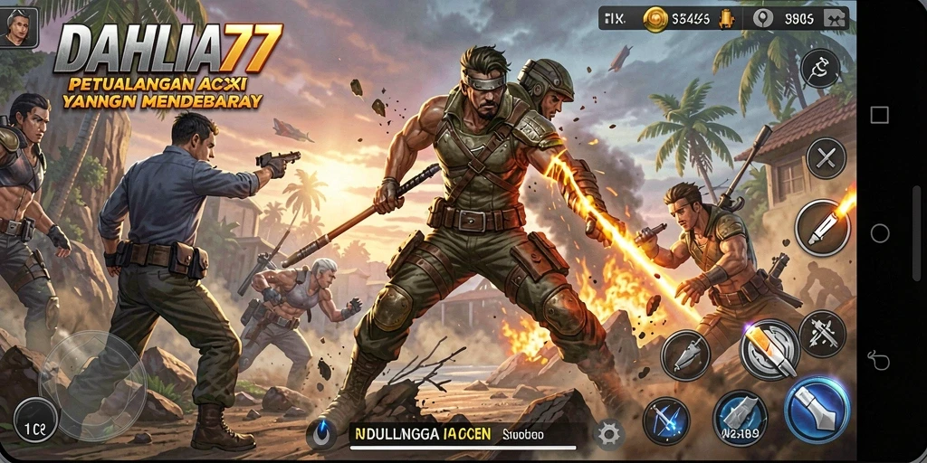 Screenshot utama DAHLIA77 menunjukkan pertarungan aksi yang intens.