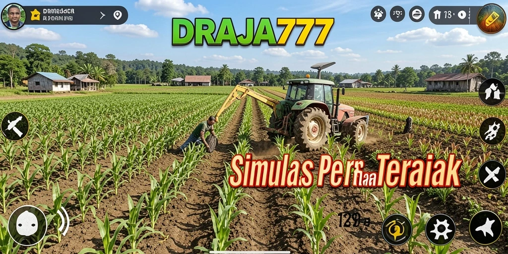 Tampilan gameplay seru dalam DRAJA777, menampilkan kebun dan hewan ternak.