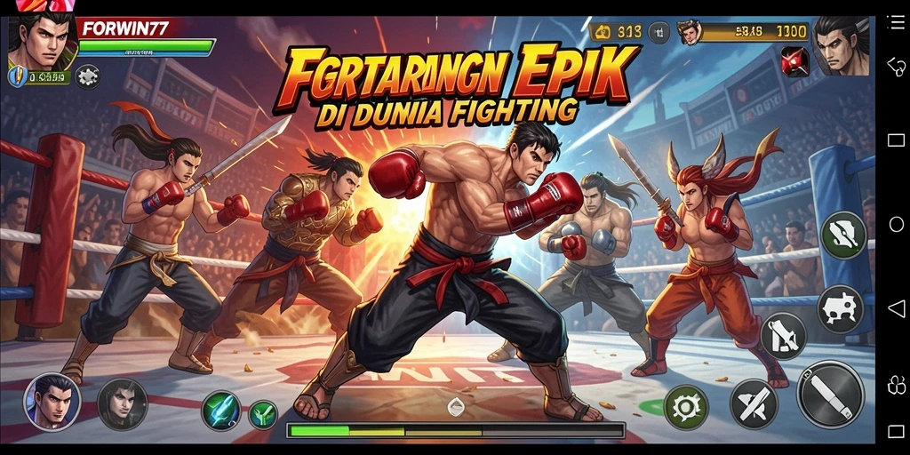 Tangkapan layar FORWIN77 menunjukkan pertarungan mendebarkan dengan karakter yang dinamis.