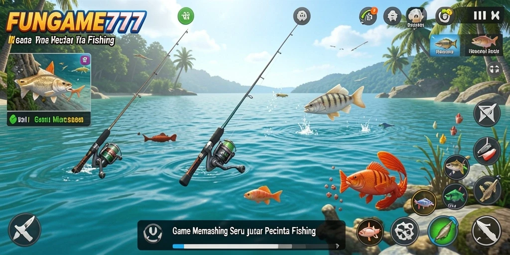Gameplay memancing yang menakjubkan di FUNGAME777, menangkap ikan dengan berbagai teknik.