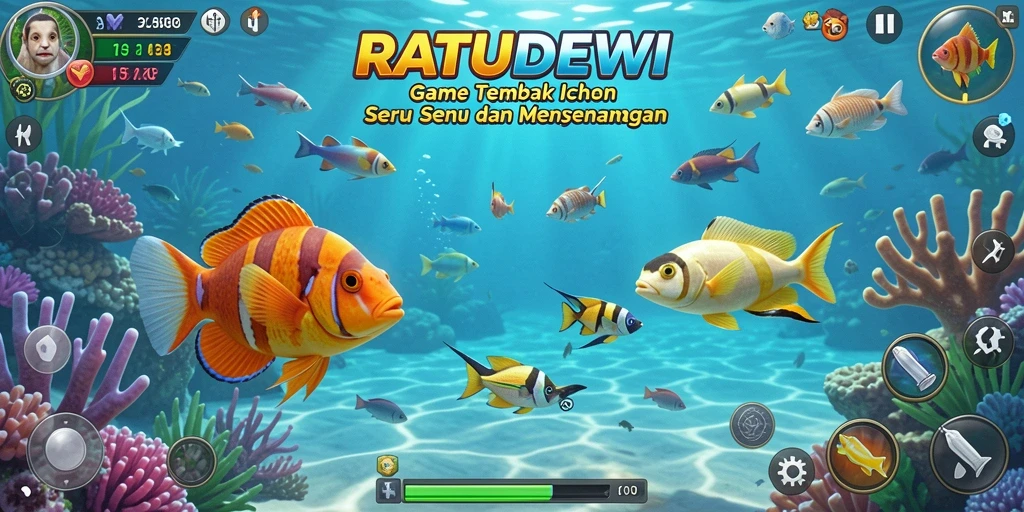 Screenshot utama RATUDEWI menunjukkan aksi menangkap ikan yang seru.