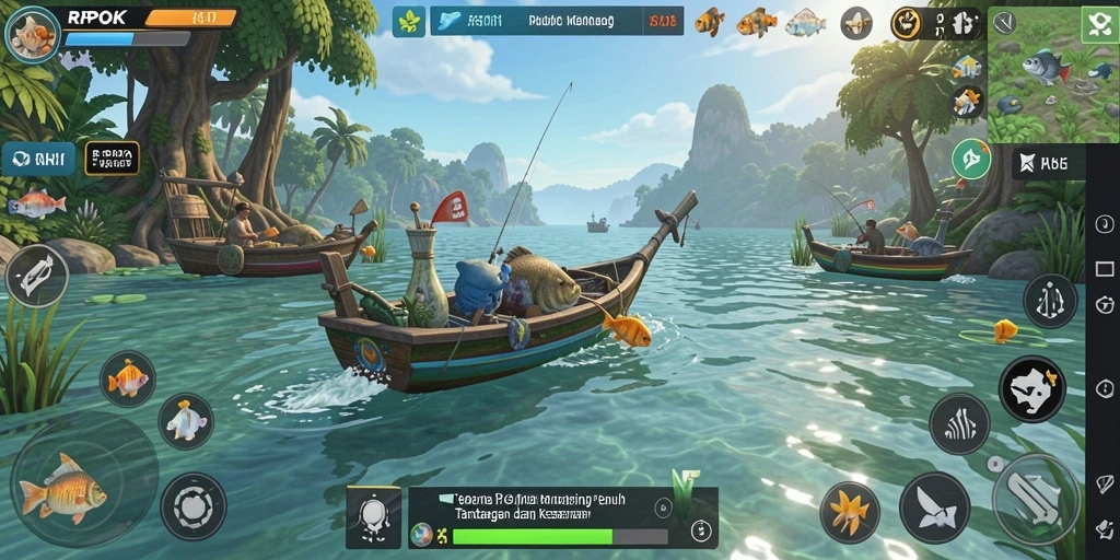 Tampilan gameplay RPOK yang menarik dengan aktivitas memancing.