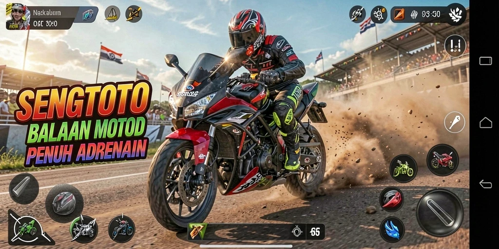 Screenshot gameplay SENGTOTO menunjukkan balapan motor yang seru dan mendebarkan.
