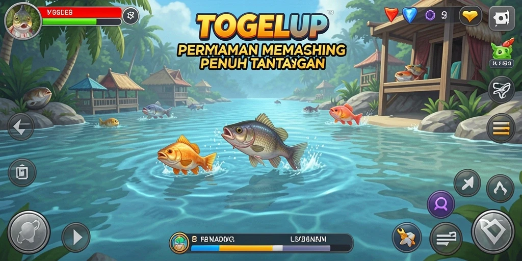 Tampilan gameplay TOGELUP saat memancing di lokasi yang indah.